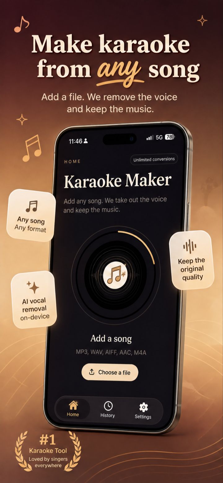 Karaoke Maker home screen for adding a song and removing vocals on iPhone