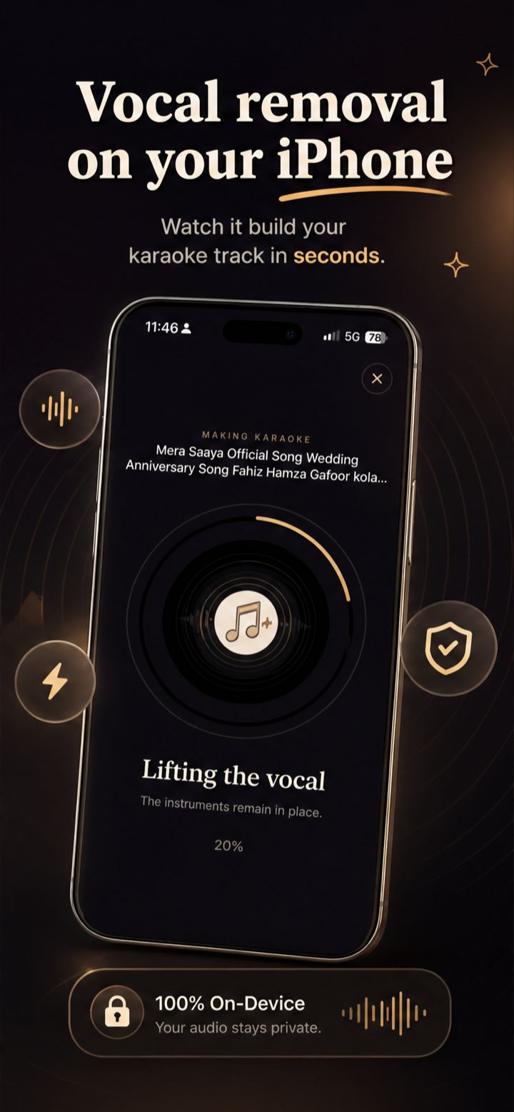 On-device vocal remover processing a song while the instruments stay in place