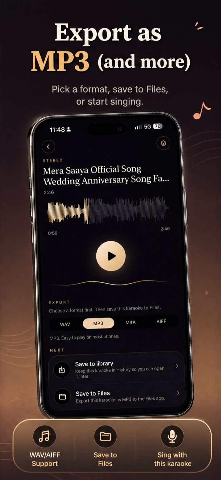 Export karaoke as MP3, WAV, M4A, or AIFF and save to Files