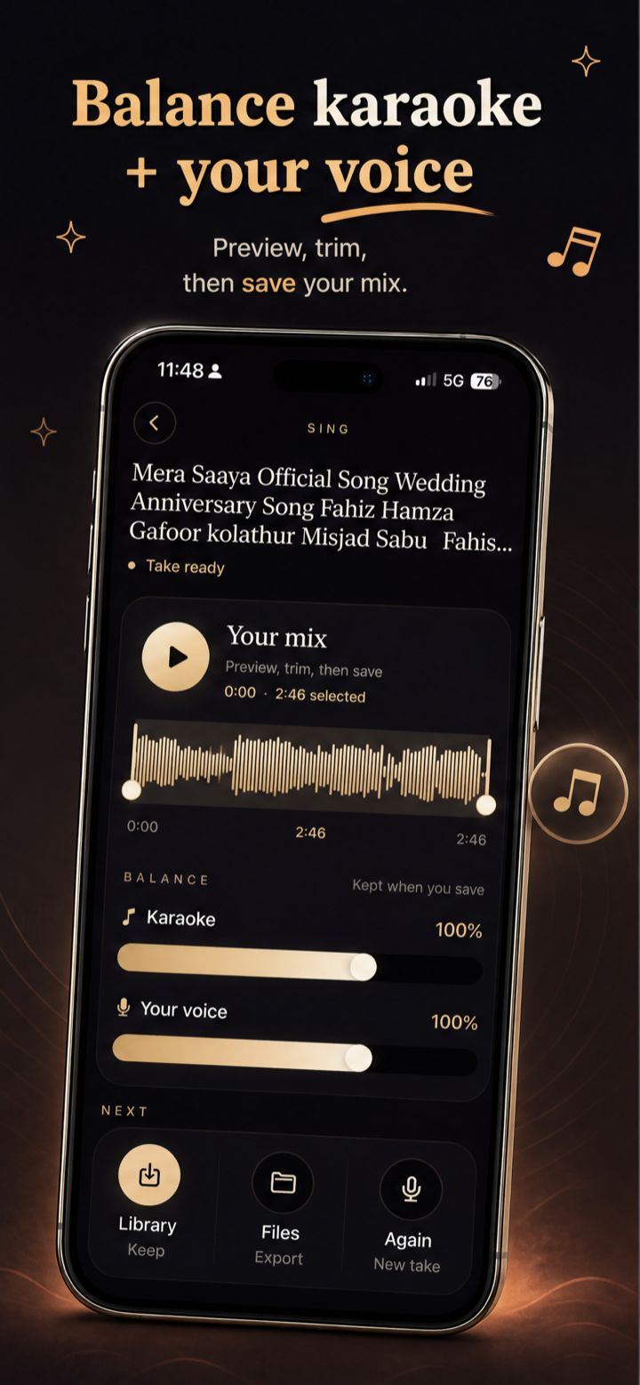 Balance karaoke audio and a recorded voice, then save the mix